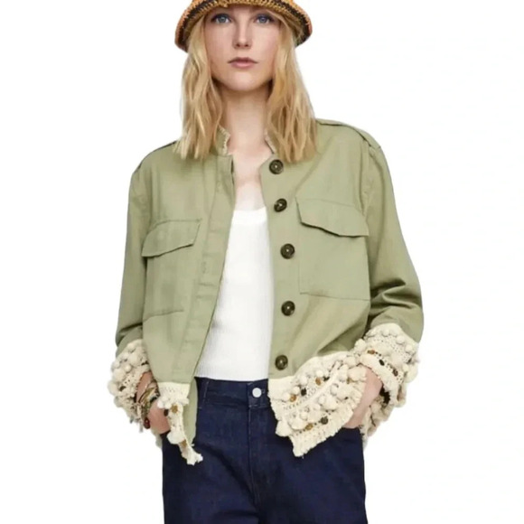Zara Tassel Pom Crochet Fringe Boho Utility Jacket Green Size XS - Picture 2 of 15
